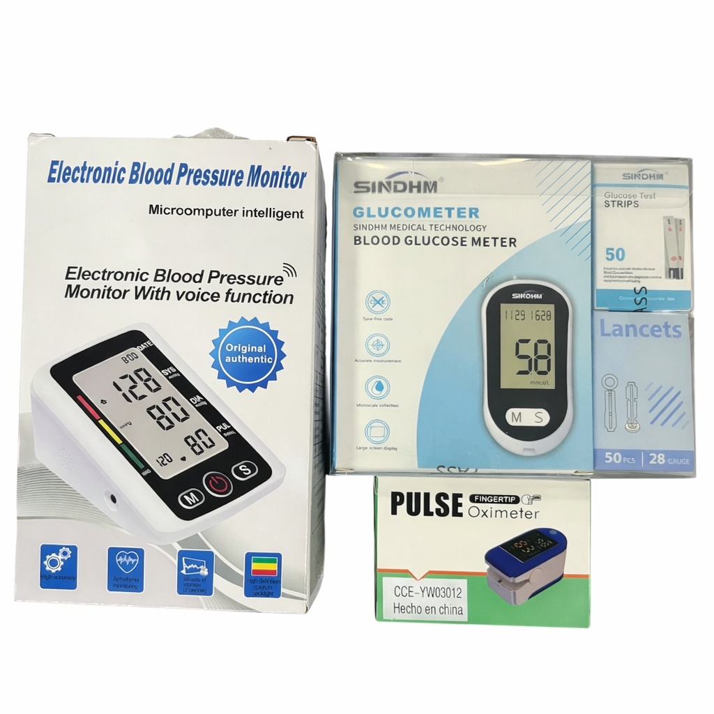 COMBO ESTUDIANTIL: GLUCÓMETRO + OXÍMETRO + TENSIÓMETRO